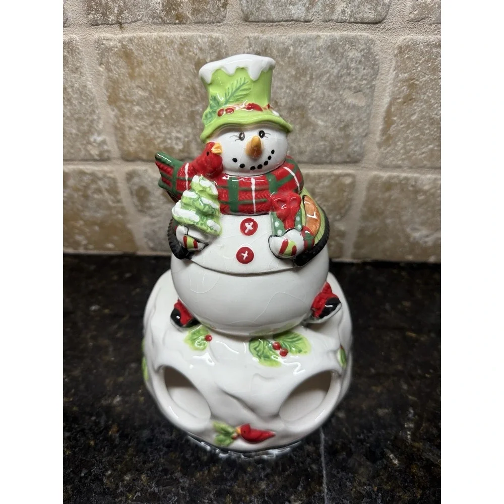 Fitz and Floyd 2013 Holly Hat Snowman Ceramic‎ Tea Light Candle Jar Warmer Rare
